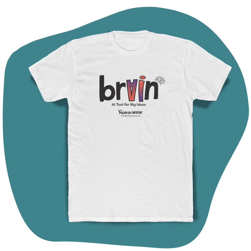 A white T-shirt with the word brain in playful black letters, the A in pink and purple. Below, it says AI Tool for Big Ideas and features a small brain graphic above the i. The shirt is on a teal background.