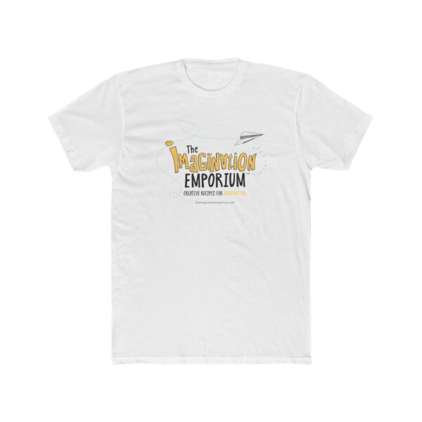 The Imagination Emporium Unisex T-Shirt - Logo Edition is a white tee with a playful graphic featuring the brand name, tagline "Creating Recipes for Innovation," plus doodles of a pencil and paper airplane.
