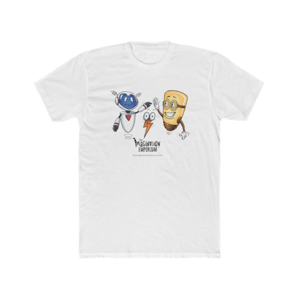 The Imagination Emporium Unisex T-Shirt - The Trio features cartoon images of a blue robot, orange pencil, and yellow notepad smiling and waving above the text “Imagination Emporium.”.
