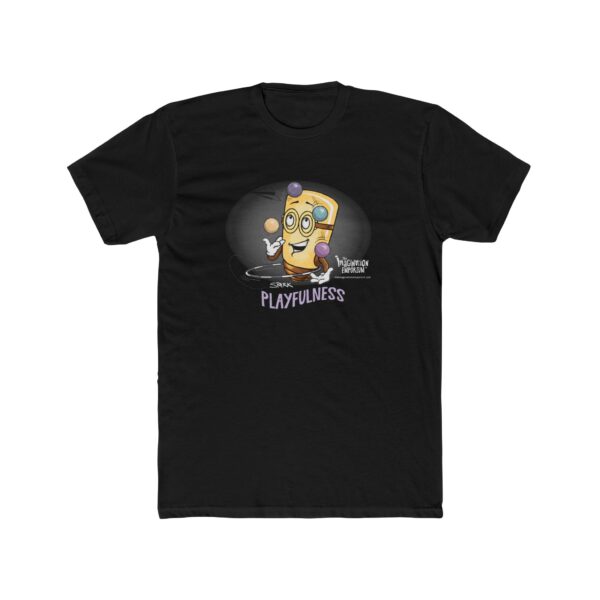 The Imagination Emporium Unisex T-Shirt - SPARK: Black tee with a cartoon yellow pencil juggling balls and the text “Show Playfulness” and “The Virtue of Playfulness” under the image.