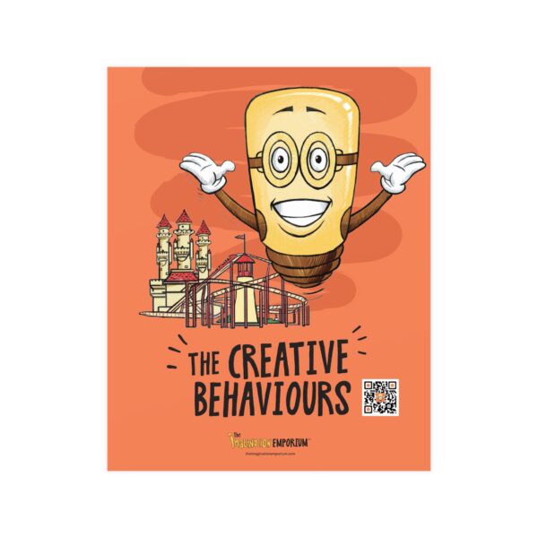 A cartoon pencil character with glasses and open arms stands above a castle and bridge. Text reads "Spark Poster: Light Up the Room (and your Creativity)" with a QR code, Imagination Emporium logo, and an orange background.