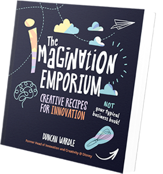 Book titled The Imagination Emporium: Creative Recipes for Innovation by Duncan Wardle, with playful illustrations of clouds, a paper airplane, brain, and light bulb on a dark-colored cover.