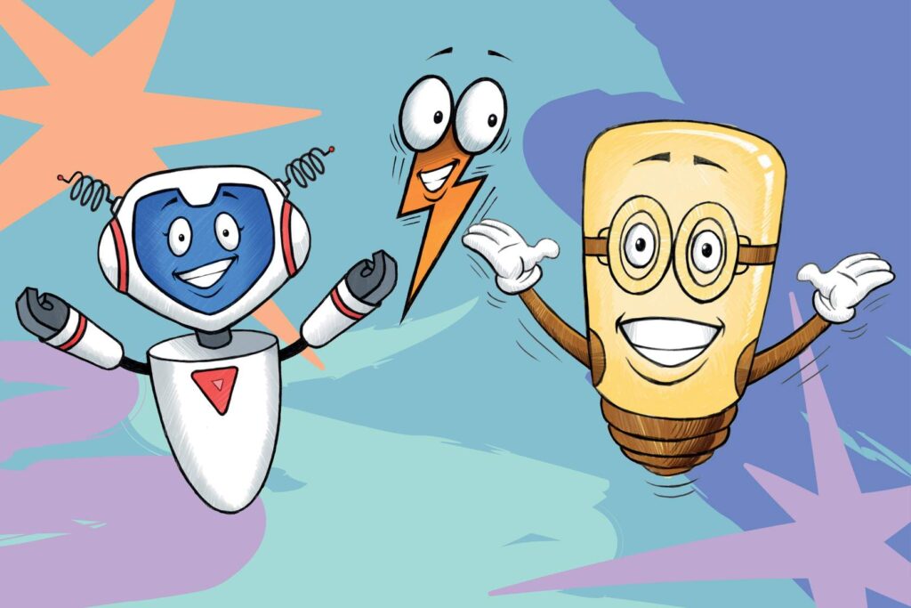 Cartoon robot, smiling lightbulb, and cheerful lightning bolt character with expressive faces and arms, set against a colorful abstract background with stars and wavy shapes.