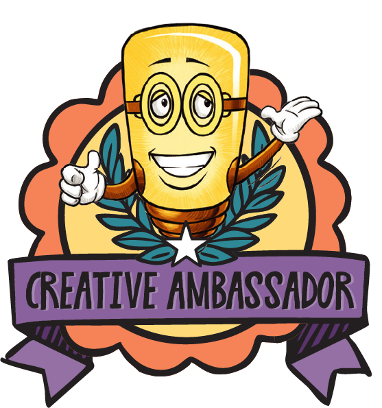 Cartoon mascot with glasses, big smile, and open arms stands in front of a laurel wreath and orange badge. Below, a purple ribbon reads CREATIVE AMBASSADOR in bold letters.