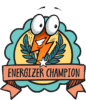 A cartoon lightning bolt with big eyes and a smile is inside a badge with laurel leaves. A ribbon below reads ENERGIZER CHAMPION. The color scheme includes teal, yellow, and orange.