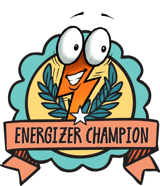 A cartoon lightning bolt with big eyes and a smile is inside a badge with laurel leaves. A ribbon below reads ENERGIZER CHAMPION. The color scheme includes teal, yellow, and orange.