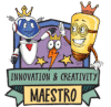 A smiling robot, lightbulb with a crown, and animated lightning bolt high-five above a banner that reads INNOVATION & CREATIVITY MAESTRO, framed by stars and a colorful shield.