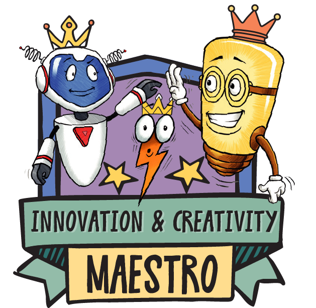 A smiling robot, lightbulb with a crown, and animated lightning bolt high-five above a banner that reads INNOVATION & CREATIVITY MAESTRO, framed by stars and a colorful shield.