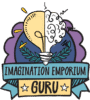 A badge with a lightbulb and brain illustration, surrounded by leaves and a purple background. Text on banners reads IMAGINATION EMPORIUM and GURU with stars decorating the bottom.