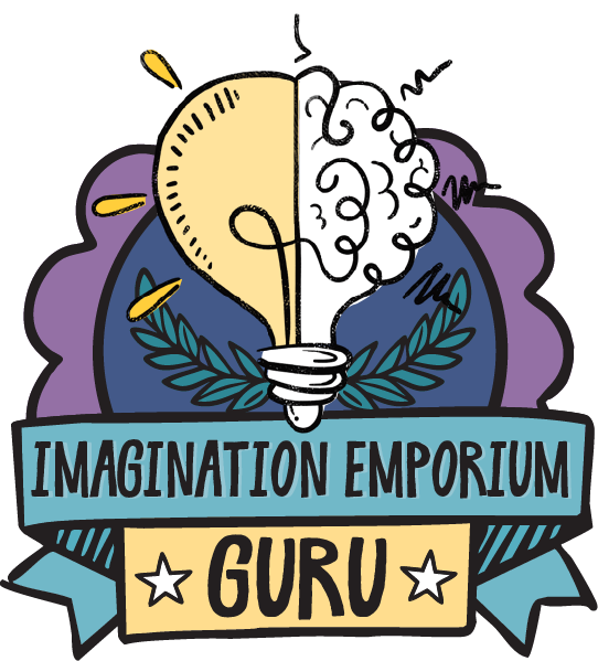 A badge with a lightbulb and brain illustration, surrounded by leaves and a purple background. Text on banners reads IMAGINATION EMPORIUM and GURU with stars decorating the bottom.