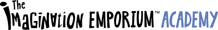 Logo for “The Imagination Emporium Academy” with playful, stretched black lettering for Imagination Emporium and “Academy” in light blue, all on a light gray background.