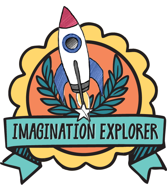 A colorful badge featuring a rocket ship launching upward, surrounded by laurel branches and a gold scalloped border. A teal ribbon at the bottom displays the text IMAGINATION EXPLORER in bold letters.