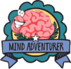 A cartoon brain with a big smile and googly eyes sits inside a teal badge with a star and leaves. Below it, a blue ribbon reads Mind Adventurer.
