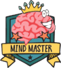 Cartoon brain with a crown and big smile on a shield, two stars, and a yellow ribbon that reads MIND MASTER below. The design is playful and colorful.