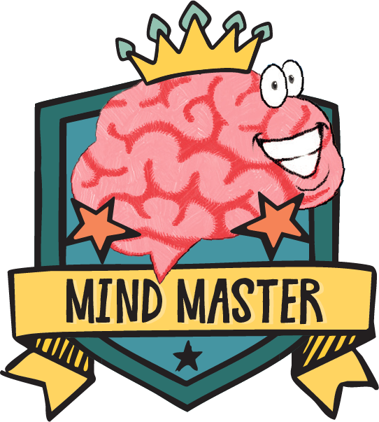 Cartoon brain with a crown and big smile on a shield, two stars, and a yellow ribbon that reads MIND MASTER below. The design is playful and colorful.