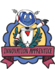 A blue-faced robot with a white body waves and smiles, standing in front of a badge with leaves and a ribbon that reads Innovation Apprentice.