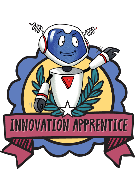 A blue-faced robot with a white body waves and smiles, standing in front of a badge with leaves and a ribbon that reads Innovation Apprentice.