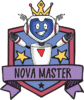 A cheerful cartoon robot wearing a crown stands in front of a purple shield with yellow stars and a banner that reads Nova Master. The robot has open arms and a smiling face.