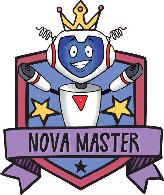 A cheerful cartoon robot wearing a crown stands in front of a purple shield with yellow stars and a banner that reads Nova Master. The robot has open arms and a smiling face.