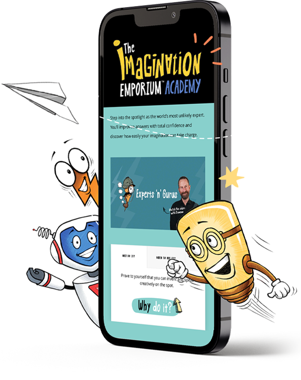 A smartphone displays The Imagination Emporium Academy website, with cartoon characters—a smiling robot and a cheerful lightbulb—excitedly interacting with the phone, appearing energetic and enthusiastic.