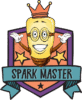 Cartoon lightbulb with glasses, a crown, and a big smile stands in front of a purple-and-orange shield with stars. A blue banner at the bottom reads “SPARK MASTER.”.