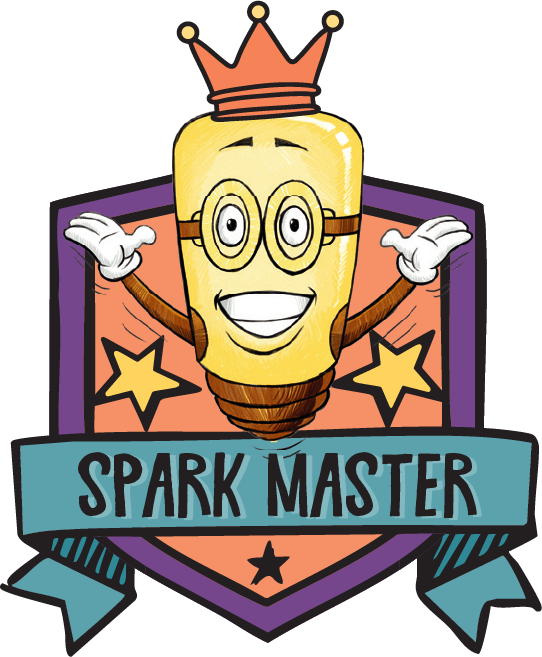 Cartoon lightbulb with glasses, a crown, and a big smile stands in front of a purple-and-orange shield with stars. A blue banner at the bottom reads “SPARK MASTER.”.