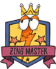 Cartoon orange lightning bolt with eyes and a crown, in front of a yellow shield with stars and a maroon ribbon that reads “ZING MASTER.”.