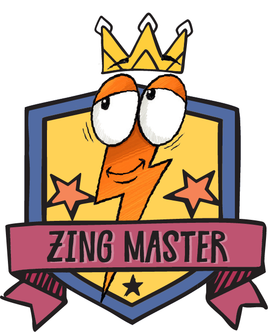 Cartoon orange lightning bolt with eyes and a crown, in front of a yellow shield with stars and a maroon ribbon that reads “ZING MASTER.”.
