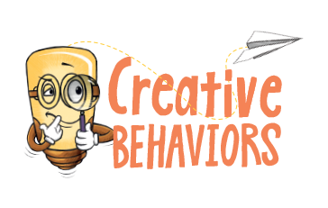 A cartoon lightbulb character with glasses and a pen looks thoughtful next to the words “Creative Behaviors,” with a flying paper airplane tracing a dotted line above.