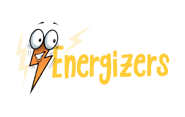 Cartoon lightning bolt with eyes and a smile next to the word Energizers in bold, yellow letters. A subtle yellow lightning shape appears behind the text.