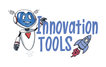 A smiling blue and white robot points at the words Innovation Tools in bold blue letters, with a small blue rocket ship flying next to the text.