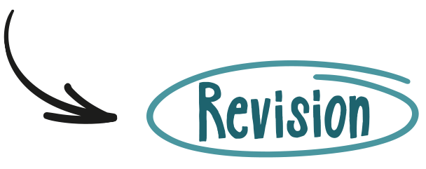 A black curved arrow points right toward the word Revision, which is written in teal and circled with two teal lines.